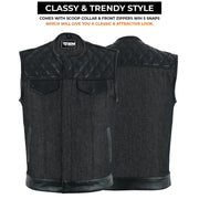 ADM Leather Men’s SOA Style Denim & Leather Motorcycle Vest – Diamond Quilted Shoulders, Gun Pockets, Club Riding Vest, Black Stitching With No Band Collar ADM LEATHER