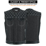ADM Leather Men’s SOA Style Denim & Leather Motorcycle Vest – Diamond Quilted Shoulders, Gun Pockets, Club Riding Vest, White Stitching With No Band Collar ADM LEATHER