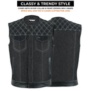ADM Leather Men’s SOA Style Denim & Leather Motorcycle Vest – Diamond Quilted Shoulders, Gun Pockets, Club Riding Vest, White Stitching With No Band Collar ADM LEATHER
