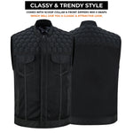 ADM Leather Men’s SOA Denim & Mesh Motorcycle Vest – Black Stitching, Concealed Carry Gun Pockets, YKK Zipper, Club-Style Band Collar ADM LEATHER