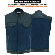 ADM Leather SOA Blue Denim Black Leather Vest, Men’s Motorcycle Biker Club Vest, YKK Zipper, Concealed Carry, Band Collar Rider Vest ADM LEATHER