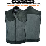 ADM Leather SOA Grey Denim Black Leather Vest, Men’s Motorcycle Club Vest, Concealed Carry Biker Vest with YKK Zipper & Band Collar ADM LEATHER