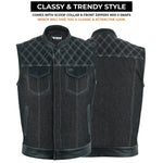 ADM Leather Men’s SOA Style Denim & Leather Motorcycle Vest – Diamond Quilted Shoulders, Gun Pockets, Club Riding Vest, White Stitching With Band Collar ADM LEATHER