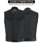 ADM Leather Men’s SOA Style Denim & Leather Motorcycle Vest – Diamond Quilted Shoulders, Gun Pockets, Club Riding Vest, Black Stitching With Band Collar ADM LEATHER