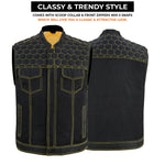 ADM Leather Men’s SOA Denim Mesh Motorcycle Vest – Yellow Stitching, YKK Zipper, Concealed Carry Gun Pockets, Club-Style Band Collar ADM LEATHER
