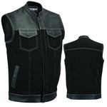 ADM Leather Denim Leather Combo SOA Motorcycle Vest, Men’s Biker Club Vest with Concealed Carry Pockets, YKK Zipper & Band Collar Rider Vest ADM LEATHER