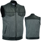 ADM Leather SOA Grey Denim Black Leather Vest, Men’s Motorcycle Club Vest, Concealed Carry Biker Vest with YKK Zipper & Band Collar ADM LEATHER