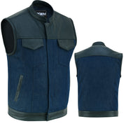 ADM Leather SOA Blue Denim Black Leather Vest, Men’s Motorcycle Biker Club Vest, YKK Zipper, Concealed Carry, Band Collar Rider Vest ADM LEATHER