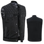 ADM Leather Men’s SOA Denim & Mesh Motorcycle Vest – Black Stitching, Concealed Carry Gun Pockets, YKK Zipper, Club-Style Band Collar ADM LEATHER