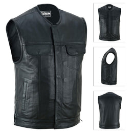 A collage of four images displaying a black leather motorcycle biker vest with diamond quilted shoulders, concealed carry gun pockets, and a collarless design.