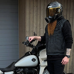 ADM Leather Men’s SOA Style Denim & Leather Motorcycle Vest – Diamond Quilted Shoulders, Gun Pockets, Club Riding Vest, Black Stitching With Band Collar ADM LEATHER