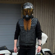 ADM Leather Men’s SOA Style Denim & Leather Motorcycle Vest – Diamond Quilted Shoulders, Gun Pockets, Club Riding Vest, Black Stitching With Band Collar ADM LEATHER