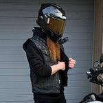 ADM Leather Men’s SOA Style Denim & Leather Motorcycle Vest – Diamond Quilted Shoulders, Gun Pockets, Club Riding Vest, Black Stitching With Band Collar ADM LEATHER