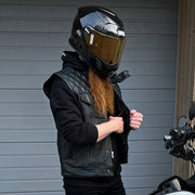 ADM Leather Men’s SOA Style Denim & Leather Motorcycle Vest – Diamond Quilted Shoulders, Gun Pockets, Club Riding Vest, Black Stitching With Band Collar ADM LEATHER